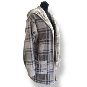 Koolaburra by Ugg Plaid Fleece Oversize Cardigan Open Front Cozy Hooded Sweater